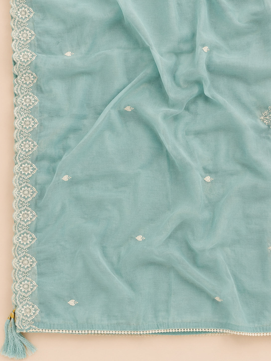 Sky Blue Embroidered Chanderi Unstitched Suit &amp; Pant With Chanderi Dupatta