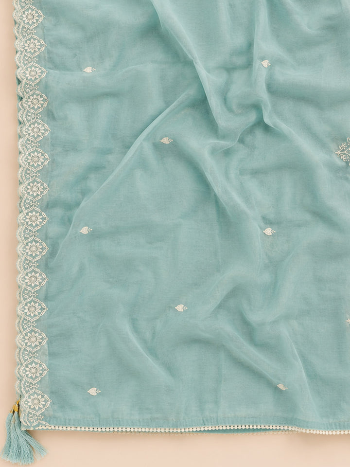Sky Blue Embroidered Chanderi Unstitched Suit &amp; Pant With Chanderi Dupatta