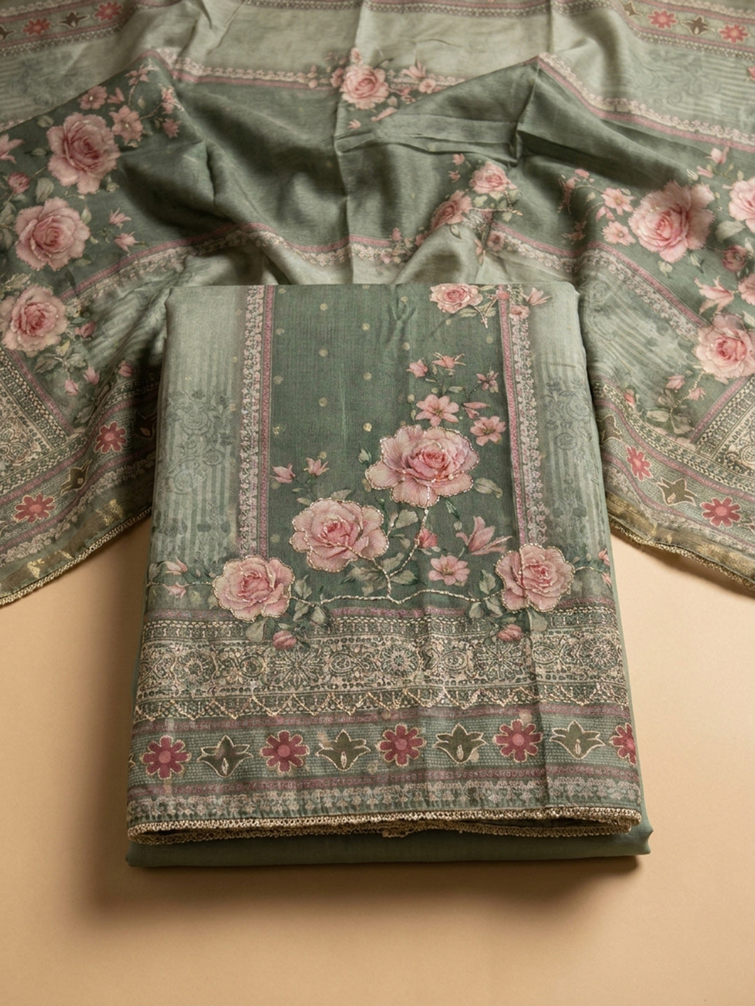 Aqua Green  Linen Blend Unstitched Dress Material