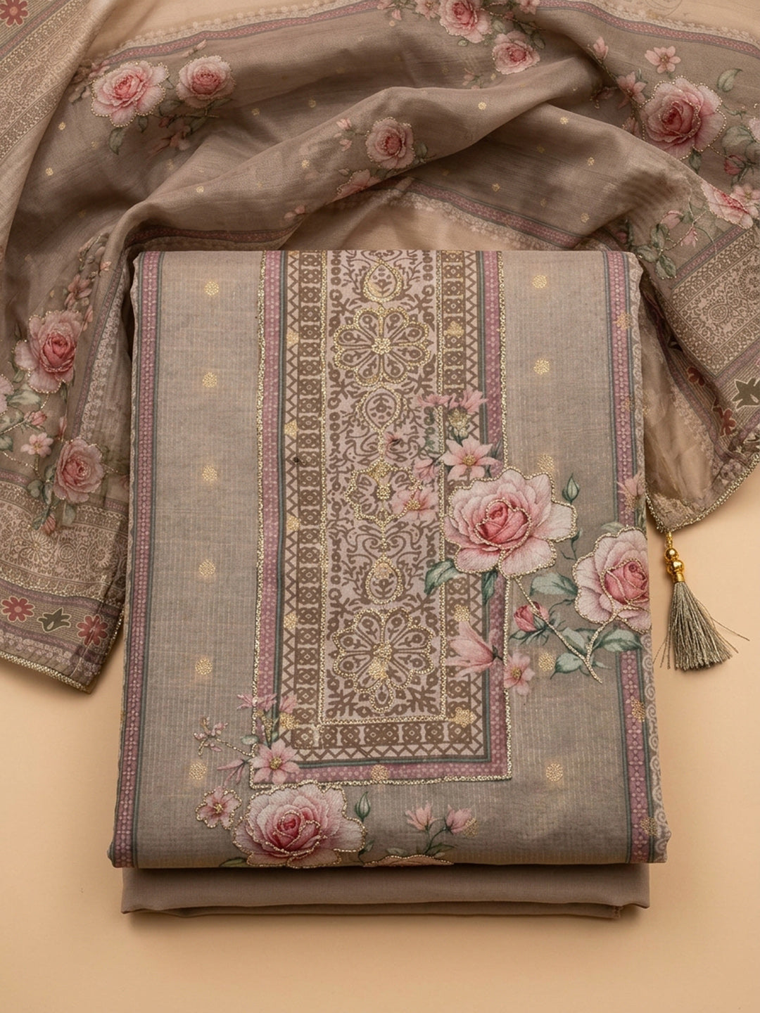 Beige Printed Linen Blend Unstitched Suit &amp; Pant With Linen Dupatta