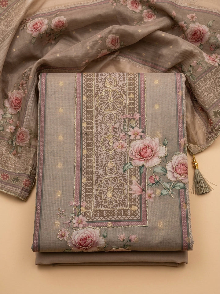 Beige Printed Linen Blend Unstitched Suit &amp; Pant With Linen Dupatta