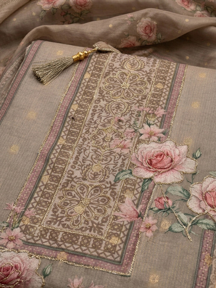 Beige Printed Linen Blend Unstitched Suit &amp; Pant With Linen Dupatta