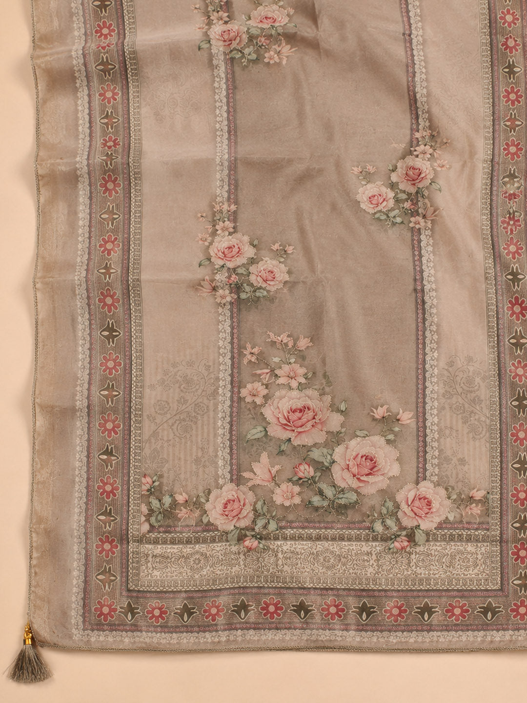 Beige Printed Linen Blend Unstitched Suit &amp; Pant With Linen Dupatta