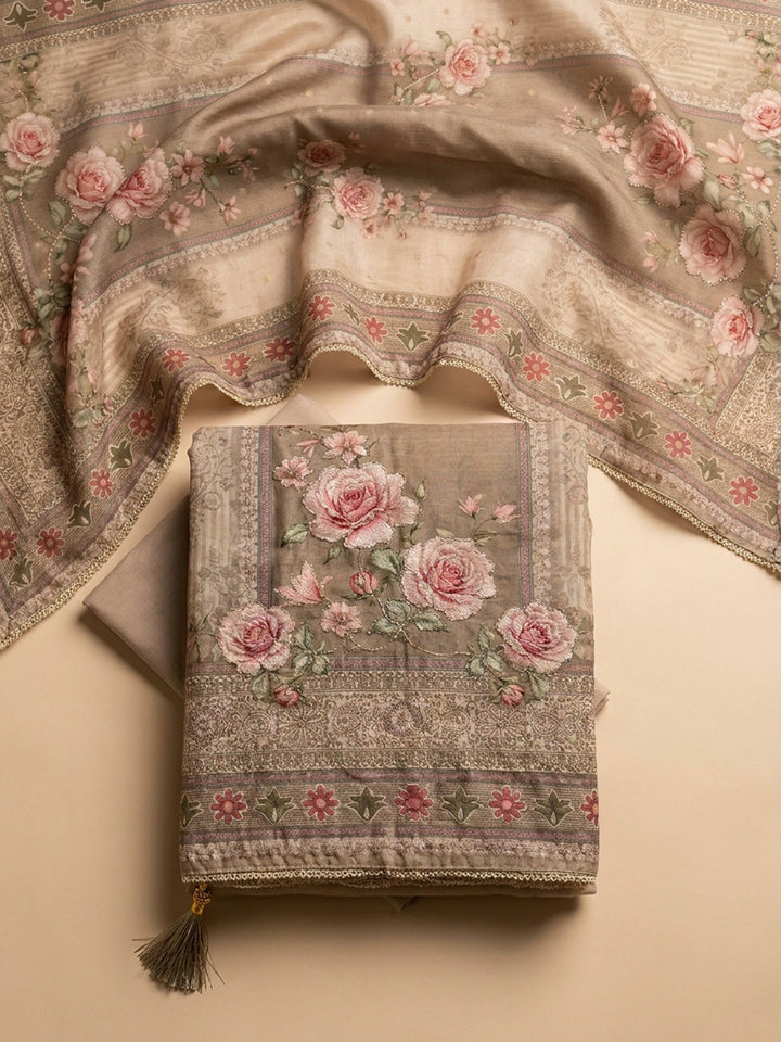 Beige Printed Linen Blend Unstitched Suit &amp; Pant With Linen Dupatta