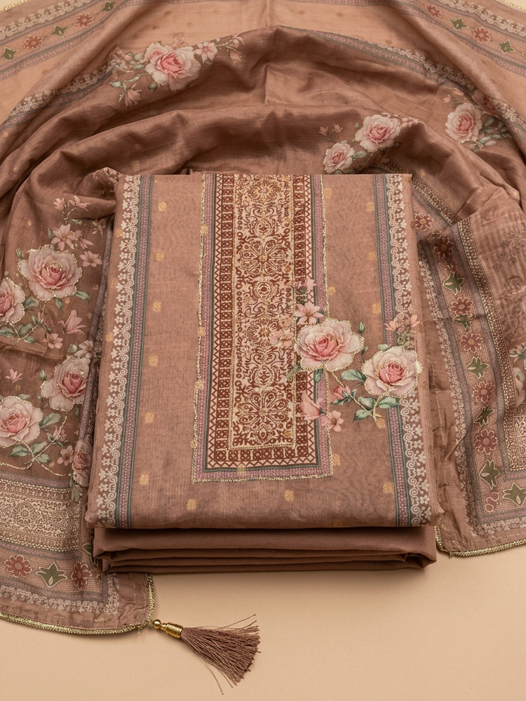 Brown Printed Linen Blend Unstitched Suit &amp; Pant With Linen Dupatta