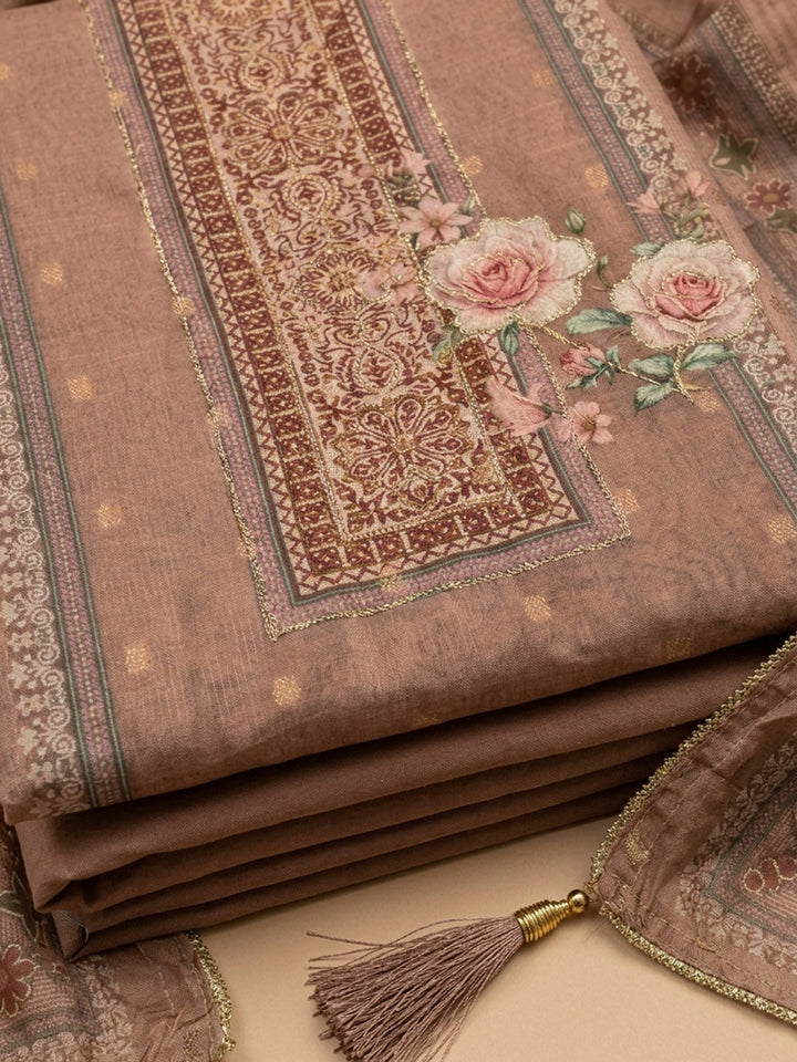 Brown Printed Linen Blend Unstitched Suit &amp; Pant With Linen Dupatta