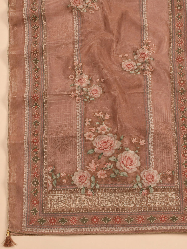 Brown Printed Linen Blend Unstitched Suit &amp; Pant With Linen Dupatta