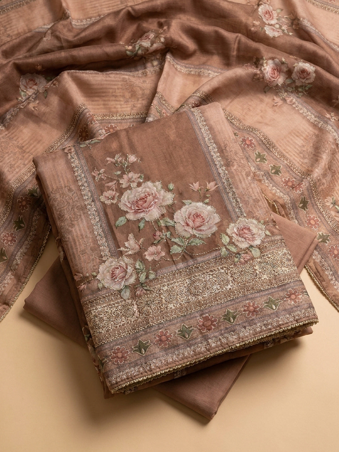 Brown Printed Linen Blend Unstitched Suit &amp; Pant With Linen Dupatta