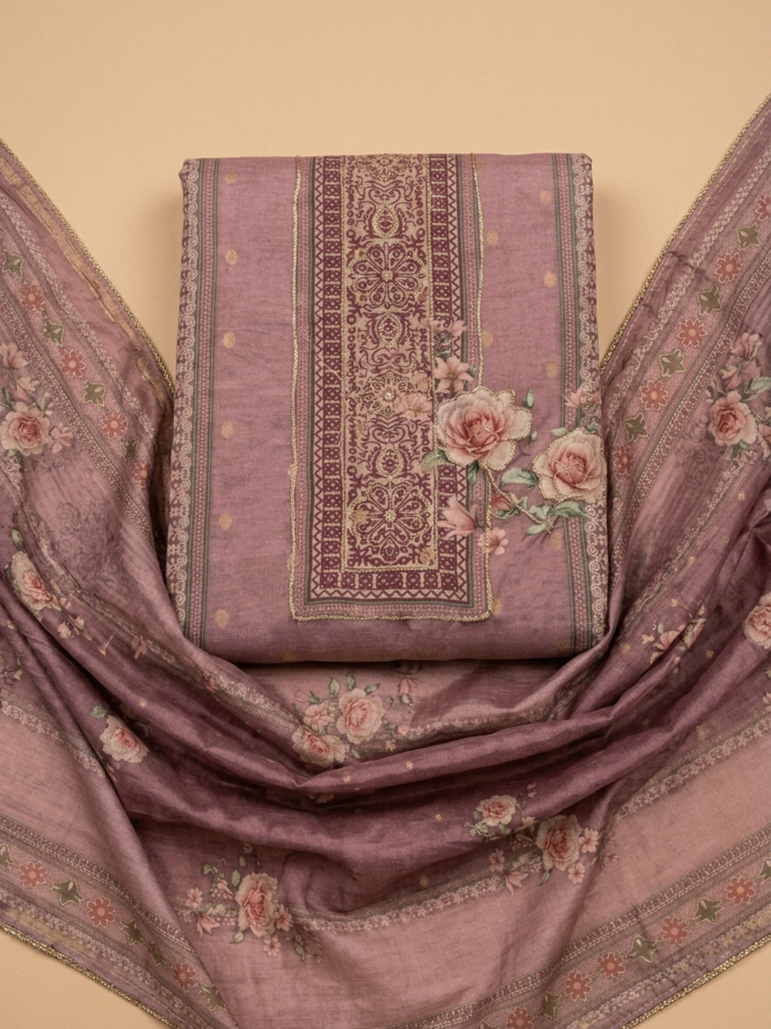 Onion Pink Printed Linen Blend Unstitched Suit &amp; Pant With Linen Dupatta