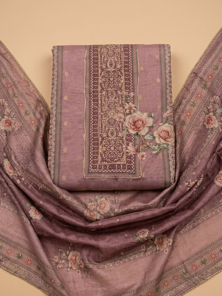 Onion Pink Printed Linen Blend Unstitched Suit &amp; Pant With Linen Dupatta