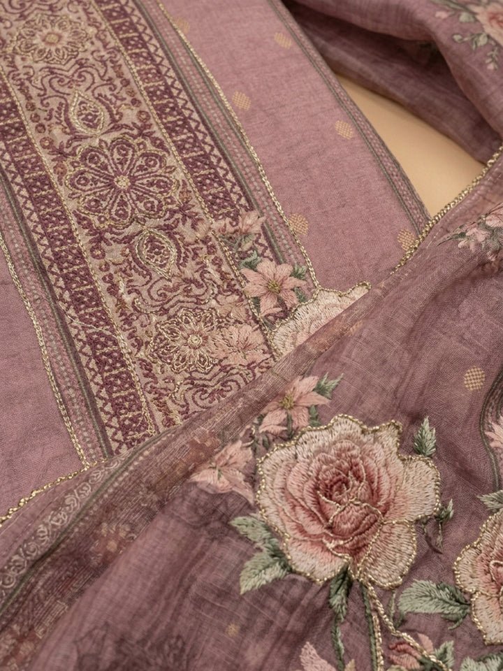 Onion Pink Printed Linen Blend Unstitched Suit &amp; Pant With Linen Dupatta