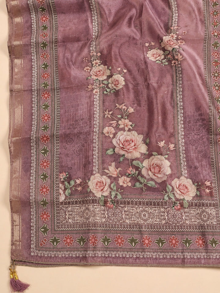 Onion Pink Printed Linen Blend Unstitched Suit &amp; Pant With Linen Dupatta