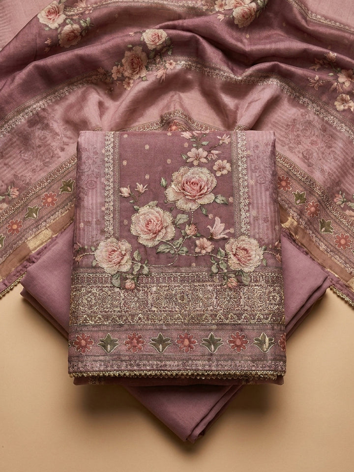 Onion Pink Printed Linen Blend Unstitched Suit &amp; Pant With Linen Dupatta