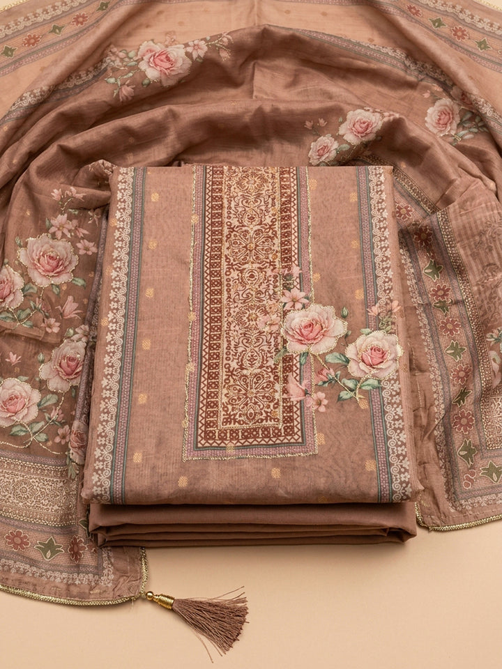 Peach Printed Linen Blend Unstitched Dress Material