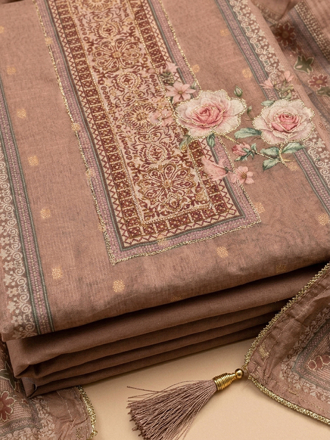 Peach Printed Linen Blend Unstitched Dress Material