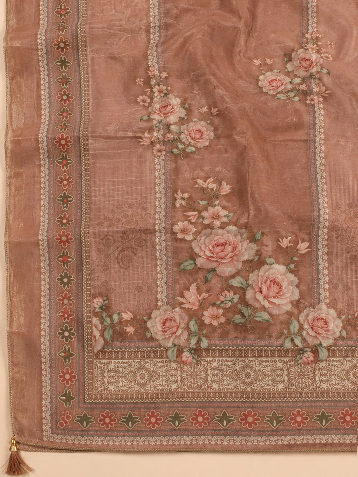 Peach Printed Linen Blend Unstitched Dress Material