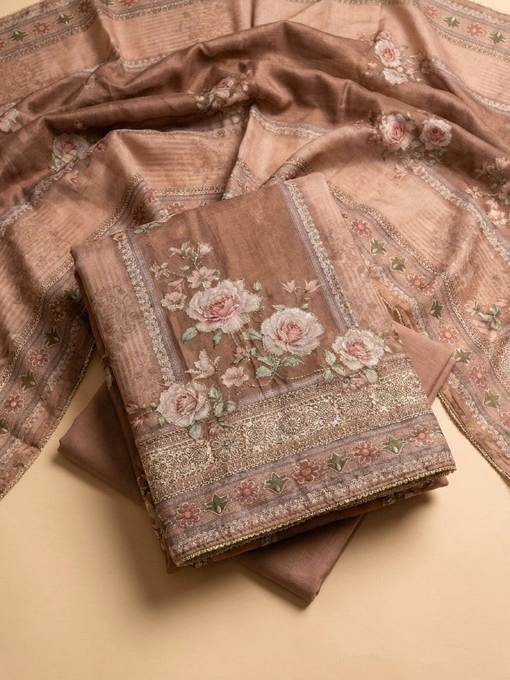 Peach Printed Linen Blend Unstitched Dress Material