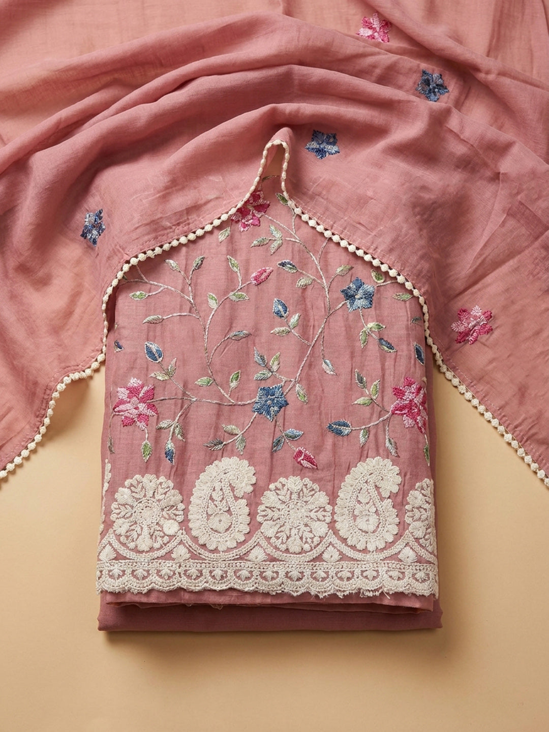 Onion Pink Printed Chanderi Unstitched Suit &amp; Pant With Chanderi Dupatta