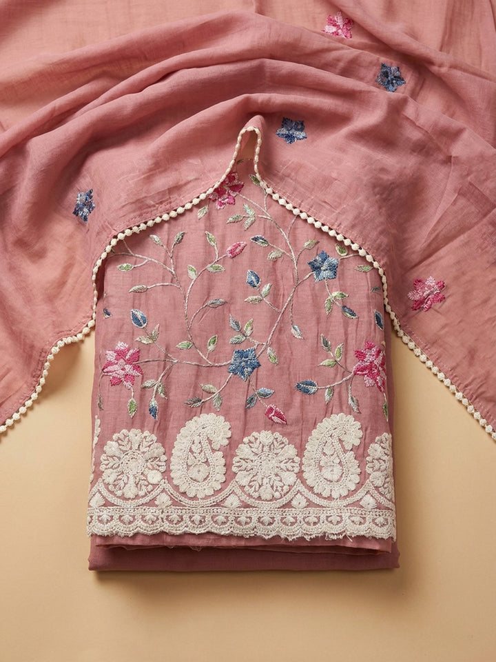 Onion Pink Printed Chanderi Unstitched Suit &amp; Pant With Chanderi Dupatta