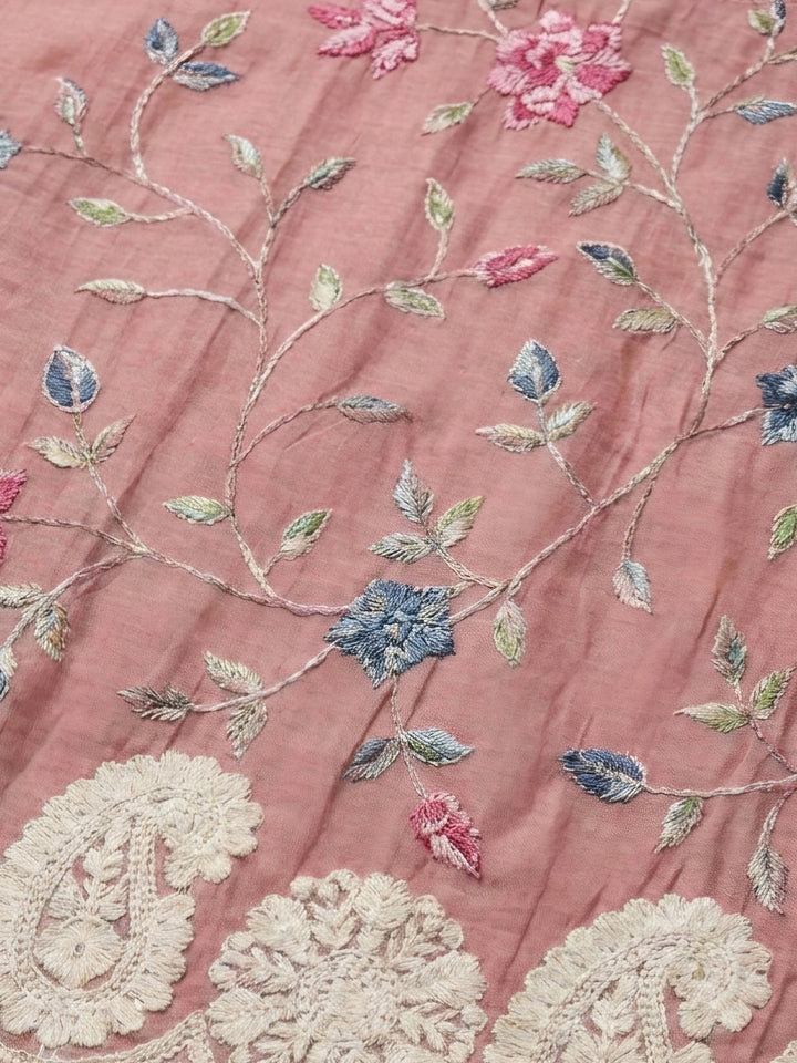 Onion Pink Printed Chanderi Unstitched Suit &amp; Pant With Chanderi Dupatta