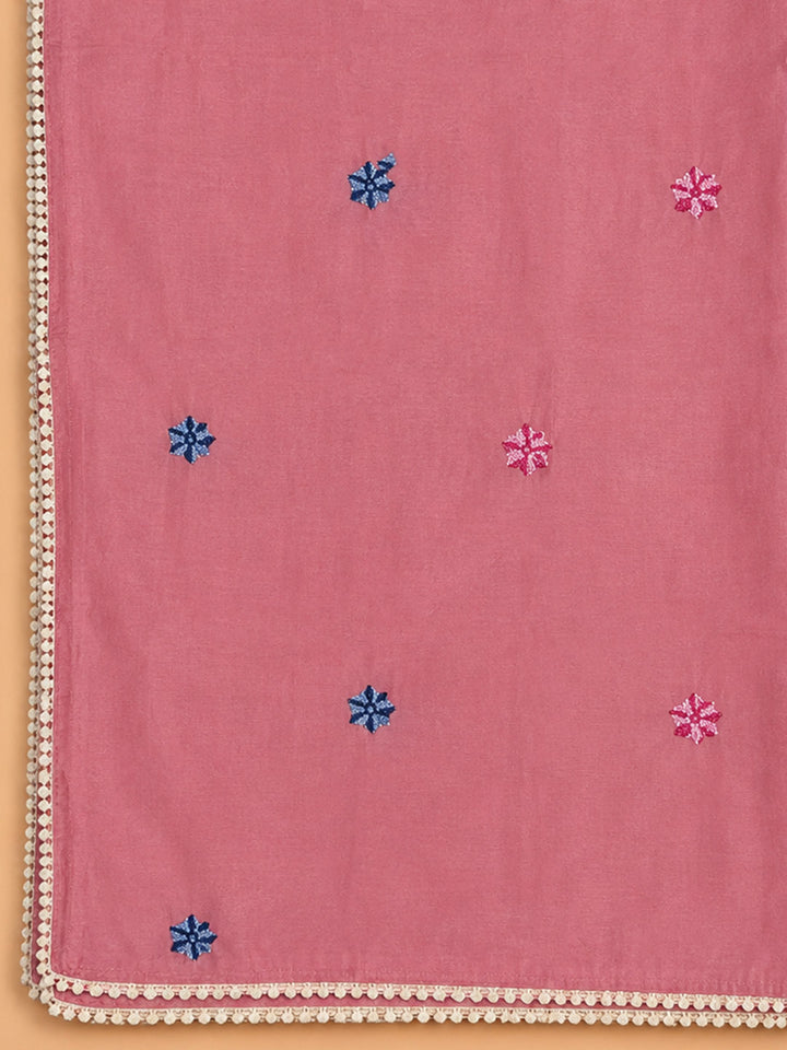 Onion Pink Printed Chanderi Unstitched Suit &amp; Pant With Chanderi Dupatta