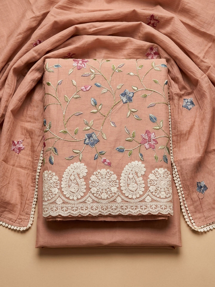 Peach Printed Chanderi Unstitched Suit &amp; Pant With Chanderi Dupatta