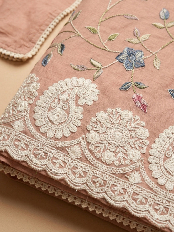 Peach Printed Chanderi Unstitched Suit &amp; Pant With Chanderi Dupatta