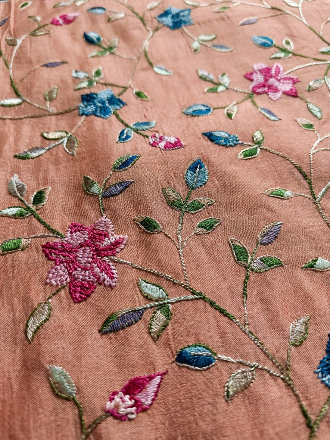 Peach Printed Chanderi Unstitched Suit &amp; Pant With Chanderi Dupatta