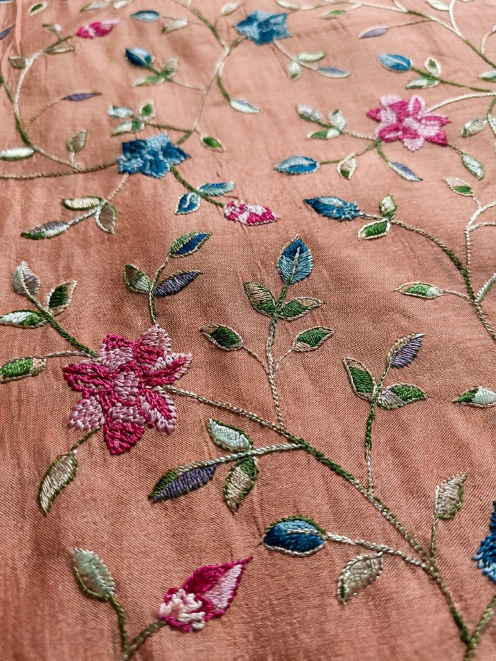 Peach Printed Chanderi Unstitched Suit &amp; Pant With Chanderi Dupatta