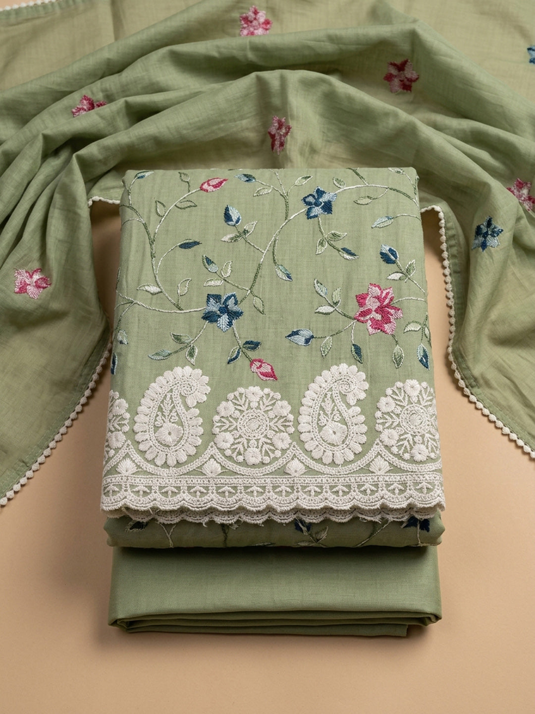 Pista Green Printed Chanderi Unstitched Suit &amp; Pant With Chanderi Dupatta