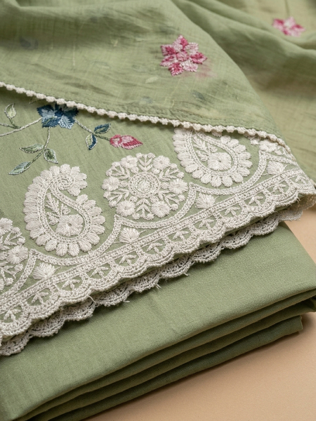 Pista Green Printed Chanderi Unstitched Suit &amp; Pant With Chanderi Dupatta
