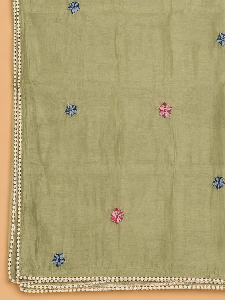 Pista Green Printed Chanderi Unstitched Suit &amp; Pant With Chanderi Dupatta