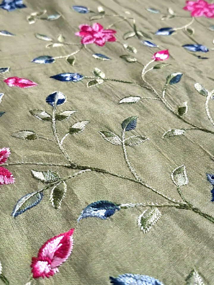 Pista Green Printed Chanderi Unstitched Suit &amp; Pant With Chanderi Dupatta