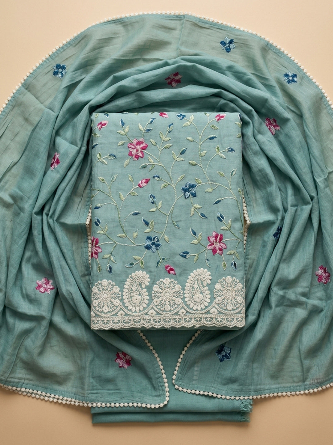 Rama Green Printed Chanderi Unstitched Suit &amp; Pant With Chanderi Dupatta
