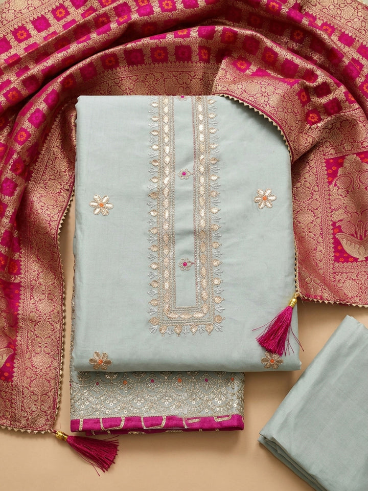 Pista Green Embroidered Chanderi Unstitched Suit &amp; Pant With Banarsi Dupatta