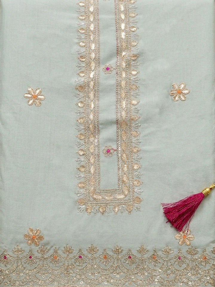 Pista Green Embroidered Chanderi Unstitched Suit &amp; Pant With Banarsi Dupatta