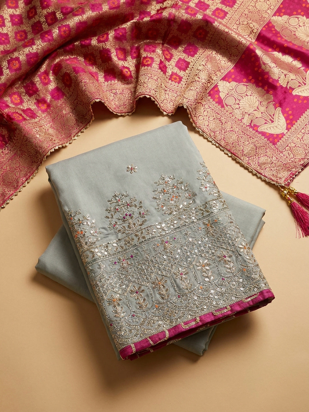 Pista Green Embroidered Chanderi Unstitched Suit &amp; Pant With Banarsi Dupatta