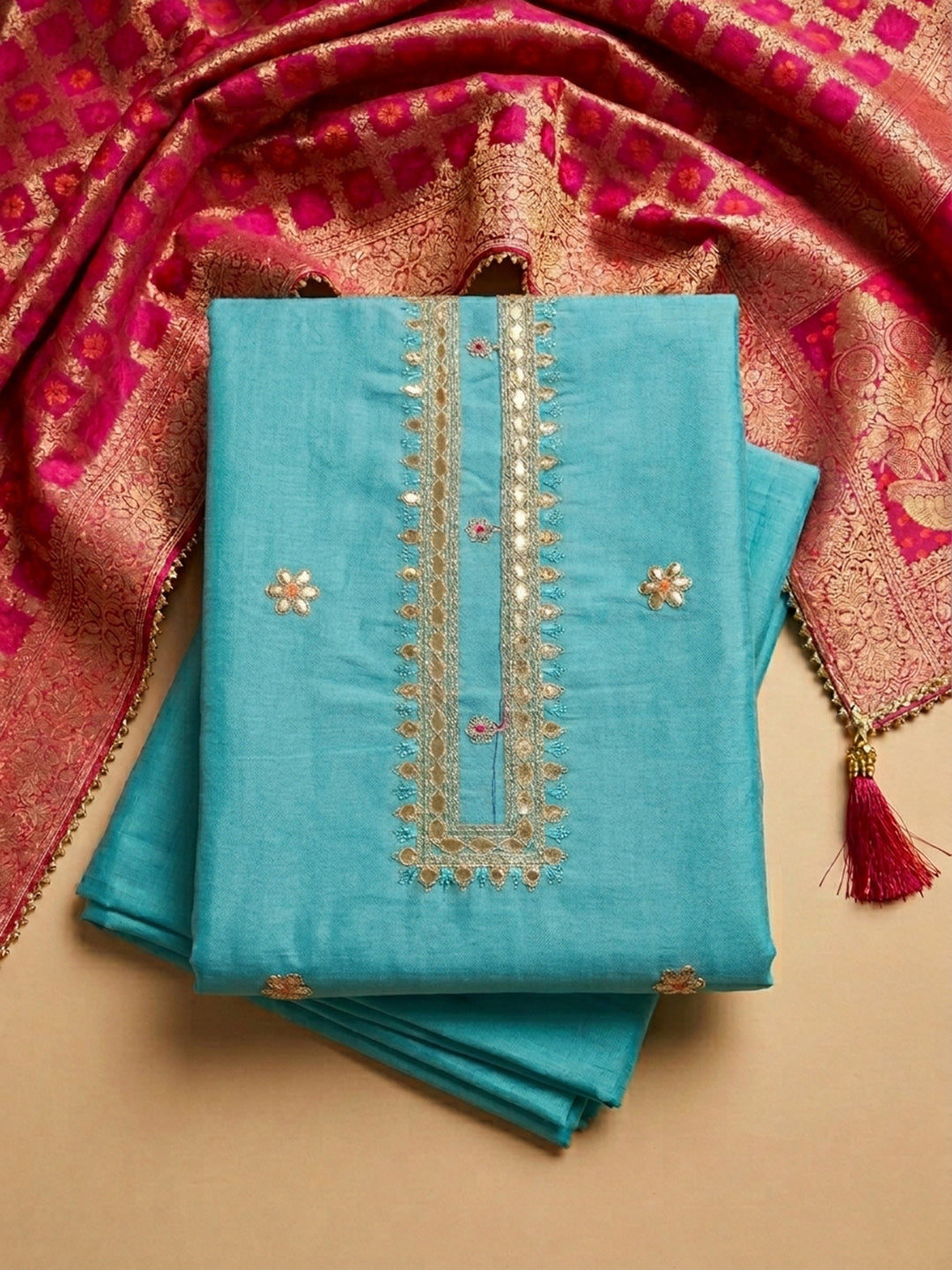 Firozee Embroidered Cotton Blend Unstitched Suit &amp; Pant With Banarsi Dupatta