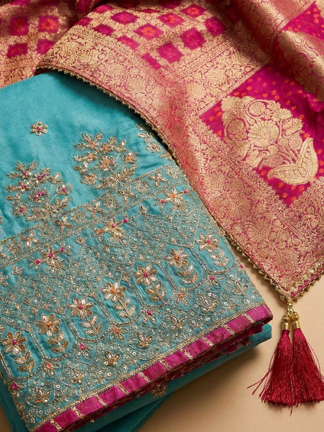 Firozee Embroidered Cotton Blend Unstitched Suit &amp; Pant With Banarsi Dupatta