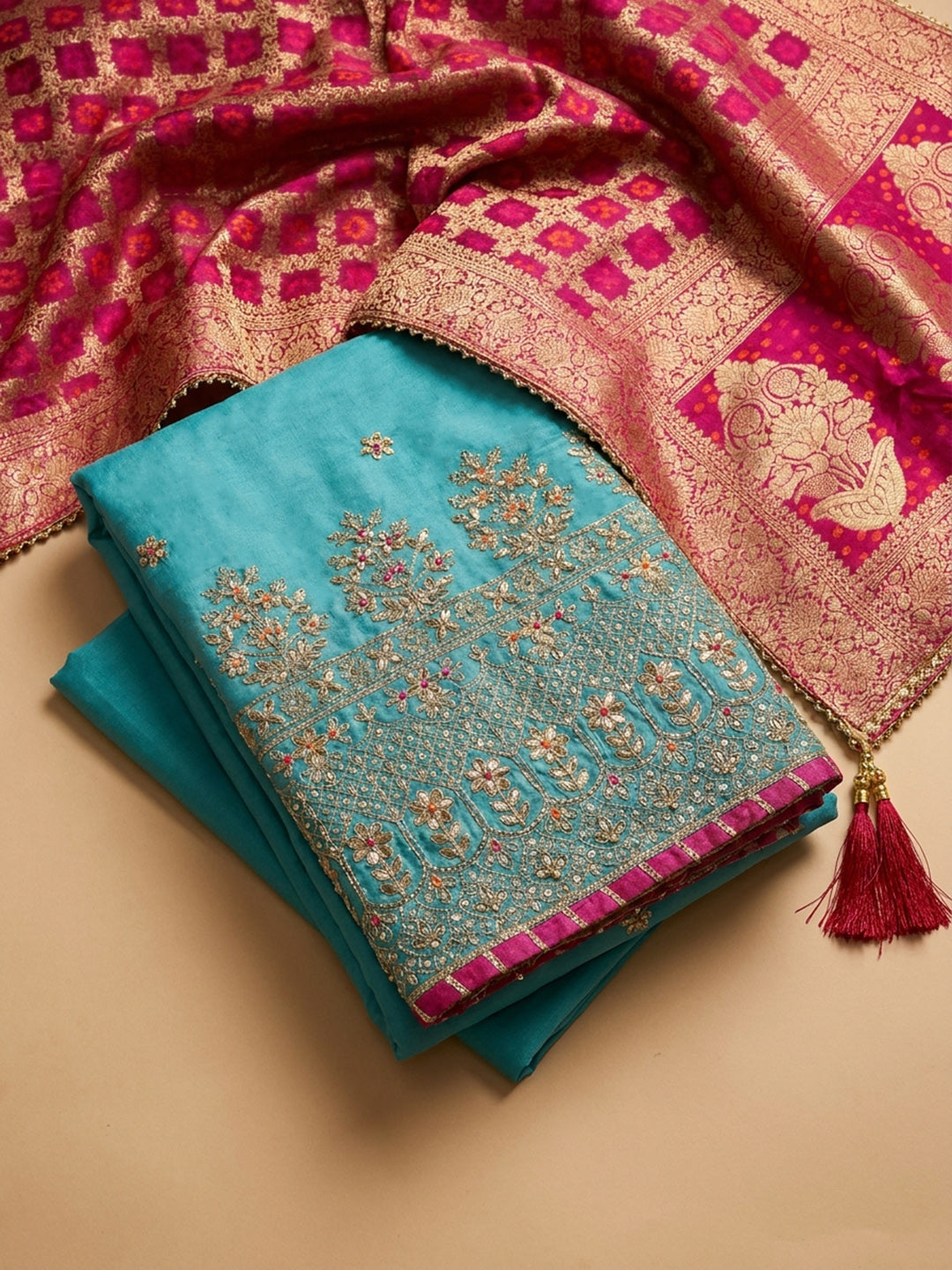 Firozee Embroidered Cotton Blend Unstitched Suit &amp; Pant With Banarsi Dupatta