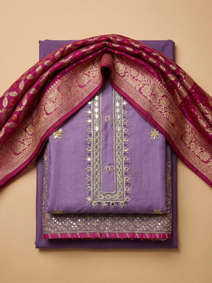 Lavender Embroidered Cotton Blend Unstitched Suit &amp; Pant With Banarsi Dupatta