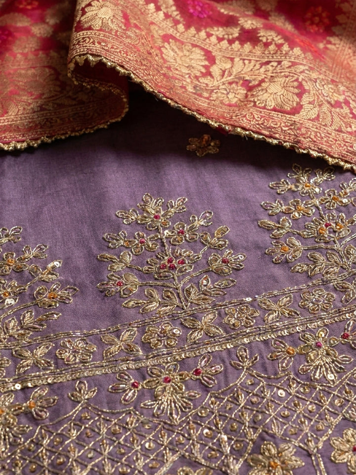 Lavender Embroidered Cotton Blend Unstitched Suit &amp; Pant With Banarsi Dupatta