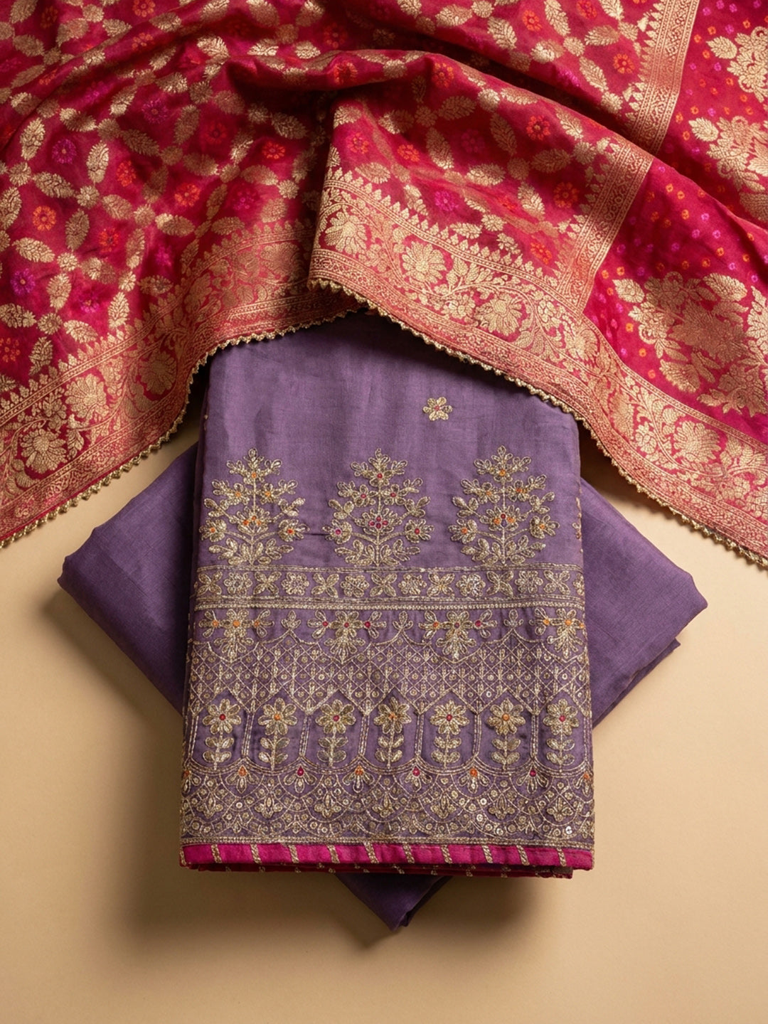 Lavender Embroidered Cotton Blend Unstitched Suit &amp; Pant With Banarsi Dupatta
