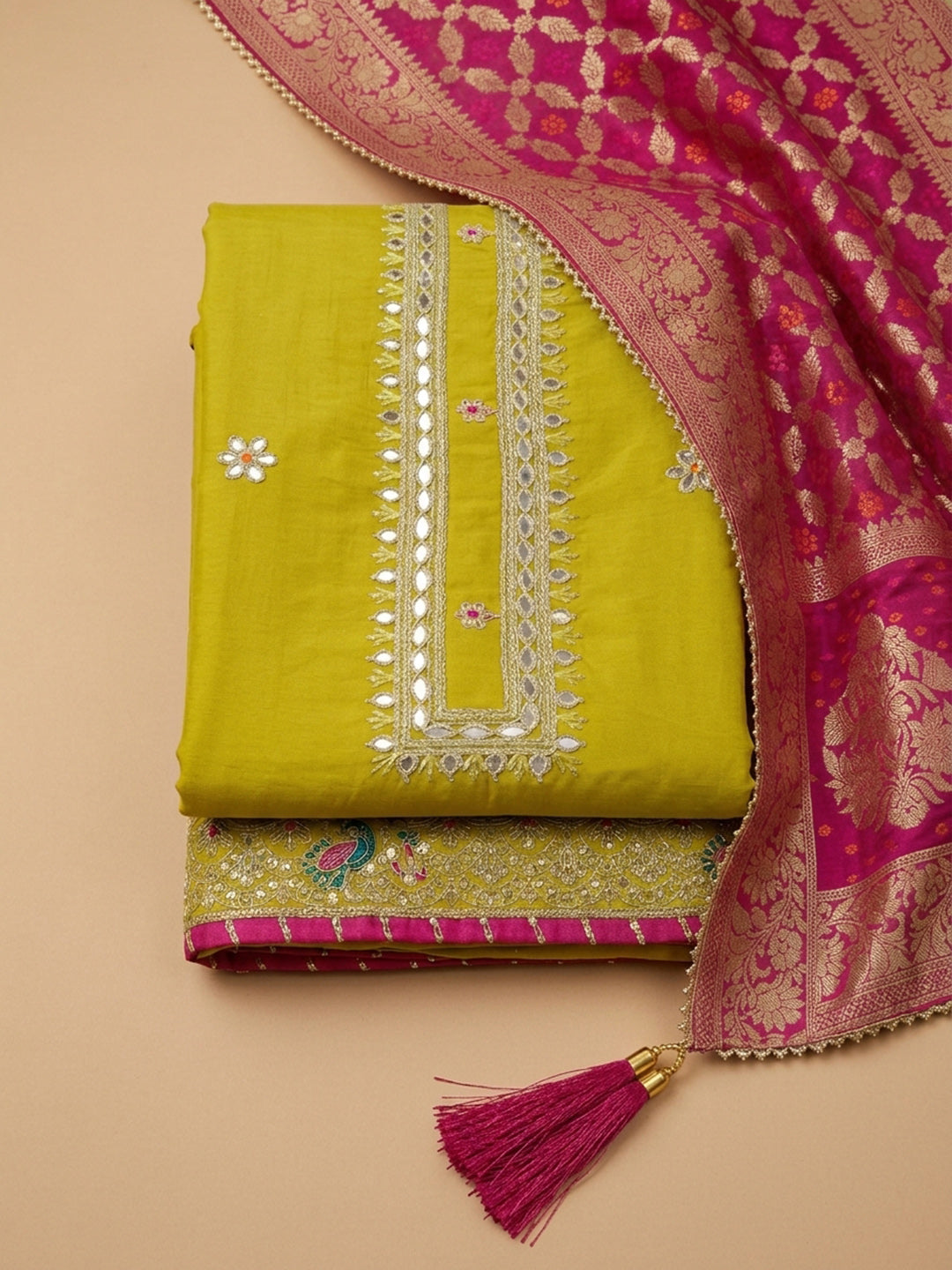 Lemon Embroidered Cotton Blend Unstitched Suit &amp; Pant With Banarsi Dupatta