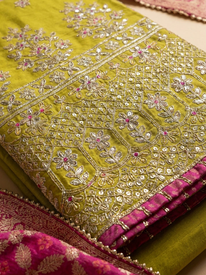 Lemon Embroidered Cotton Blend Unstitched Suit &amp; Pant With Banarsi Dupatta