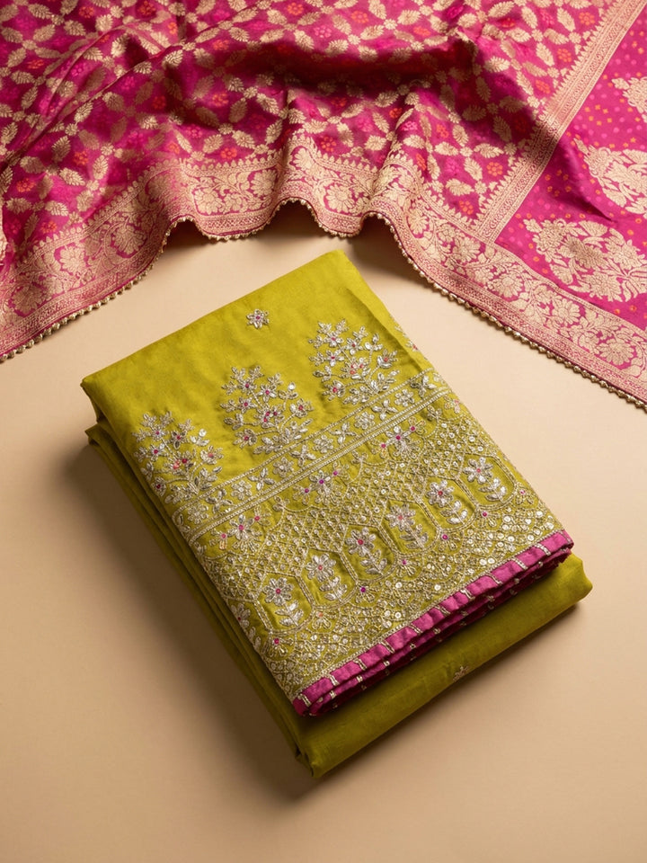 Lemon Embroidered Cotton Blend Unstitched Suit &amp; Pant With Banarsi Dupatta
