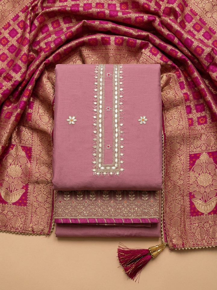 Onion Pink Embroidered Cotton Blend Unstitched Suit &amp; Pant With Banarsi Dupatta