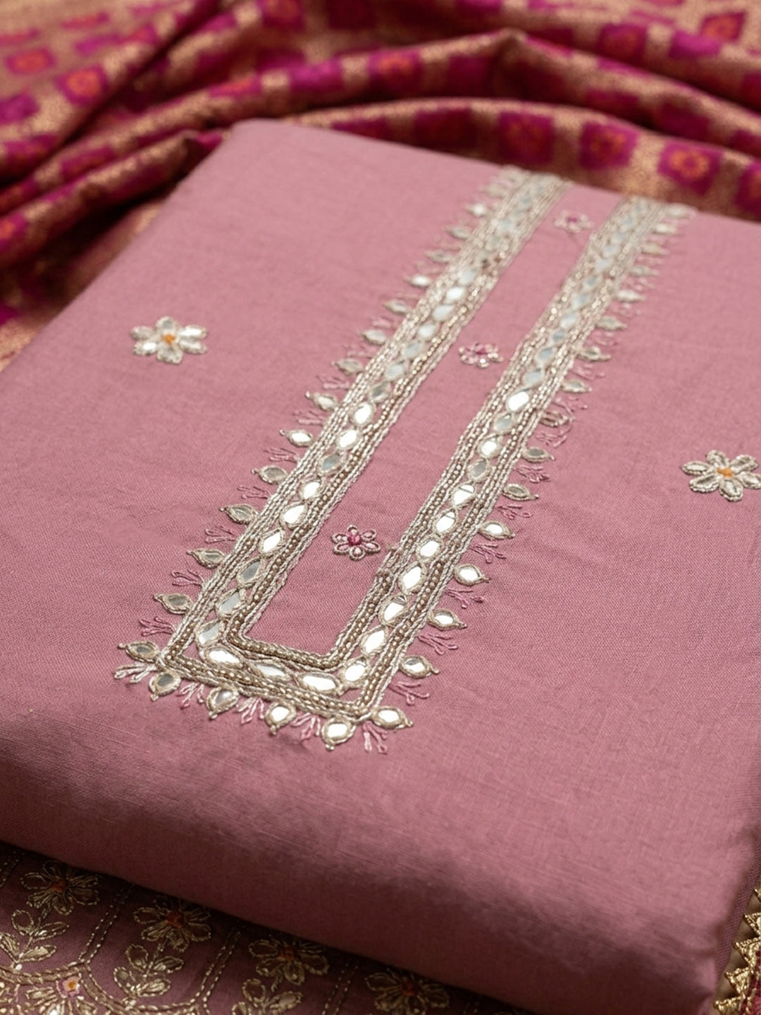 Onion Pink Embroidered Cotton Blend Unstitched Suit &amp; Pant With Banarsi Dupatta