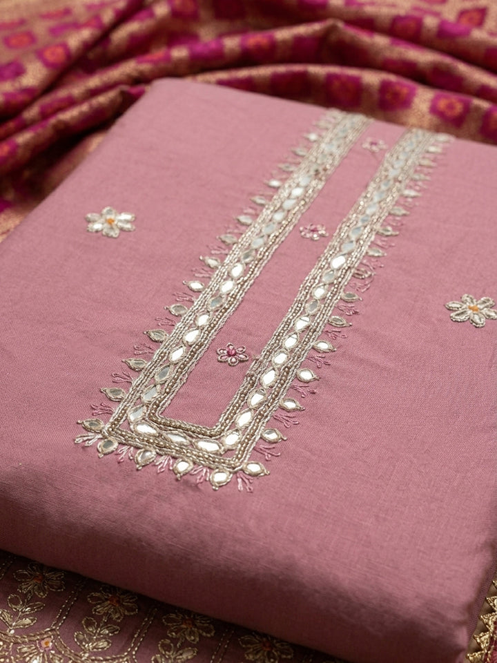 Onion Pink Embroidered Cotton Blend Unstitched Suit &amp; Pant With Banarsi Dupatta