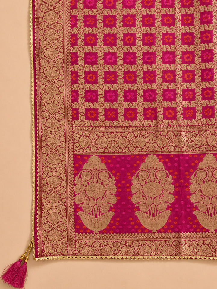 Onion Pink Embroidered Cotton Blend Unstitched Suit &amp; Pant With Banarsi Dupatta